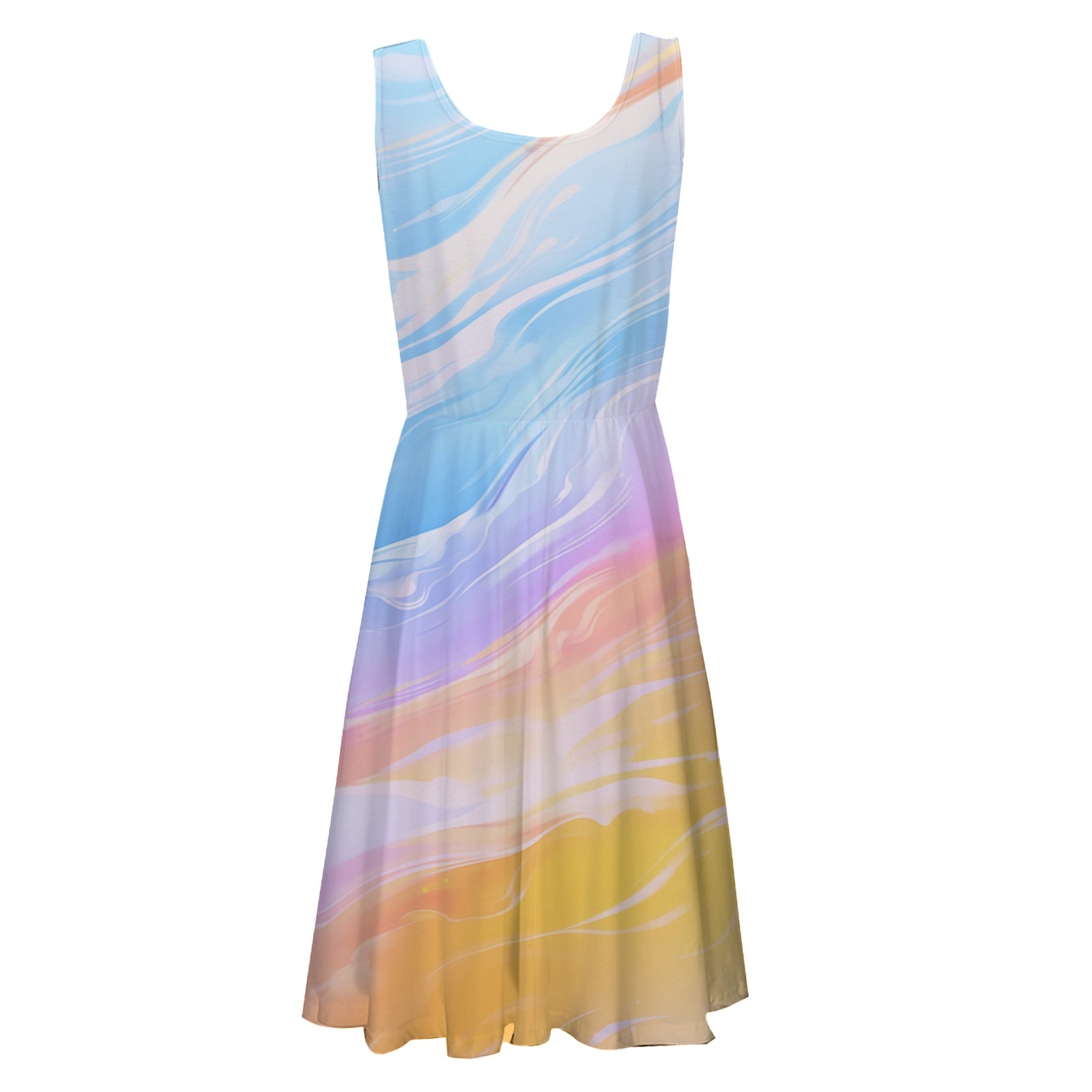 thumbnail image 4 of Vestido informal de mujer con cuello redondo estampado y tirantes - Largo hasta la rodilla, corte A, poliéster/spandex, versátil para la playa/fiestas/uso diario, tallas S-XXL, 4 of 5